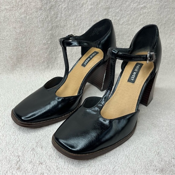 Nine West T-Strap Faux Leather Block Heels-Women’s 6-Black/Brown-Y2K-90s-Preppy - Picture 5 of 11